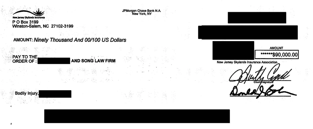 Lee Sang Soo Settlement Chk Of 90000.00 From Opposing Counsel Redacted — Song Law Firm