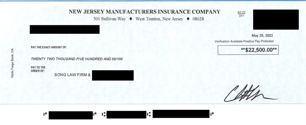 Morrow Tamira S. Redacted Settlement Check In The Amount Of 22500 — Song Law Firm