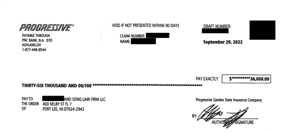 Kim Peter  Settlement Check Redacted — Song Law Firm