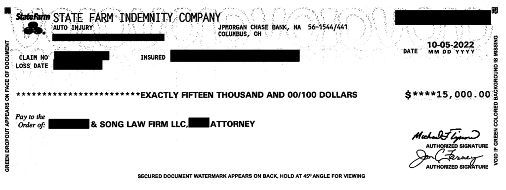 Paik Eun J.  Settlement Check For 15K Liability Redacted — Song Law Firm