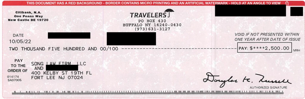 Paik Eun J.  Settlement Check For 2500 UIM Redacted — Song Law Firm