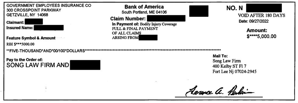 Paik Eun J Check In The Amount Of 5000 From Geico Redacted — Song Law Firm