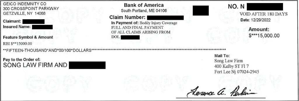 Redacted Check For The Amount Of 15000 Hyona Kim PI 387 — Song Law Firm