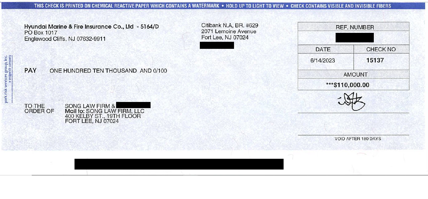 PI Success Story 1 Success Story Check 110k — Song Law Firm