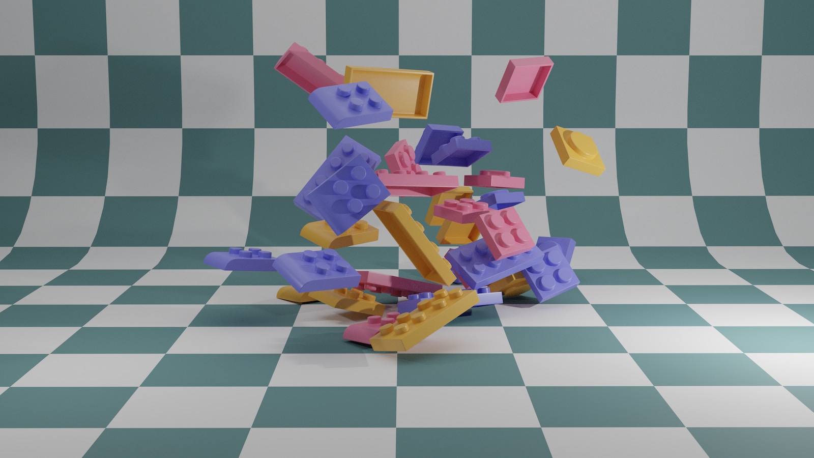 a pile of lego blocks on a checkered floor
