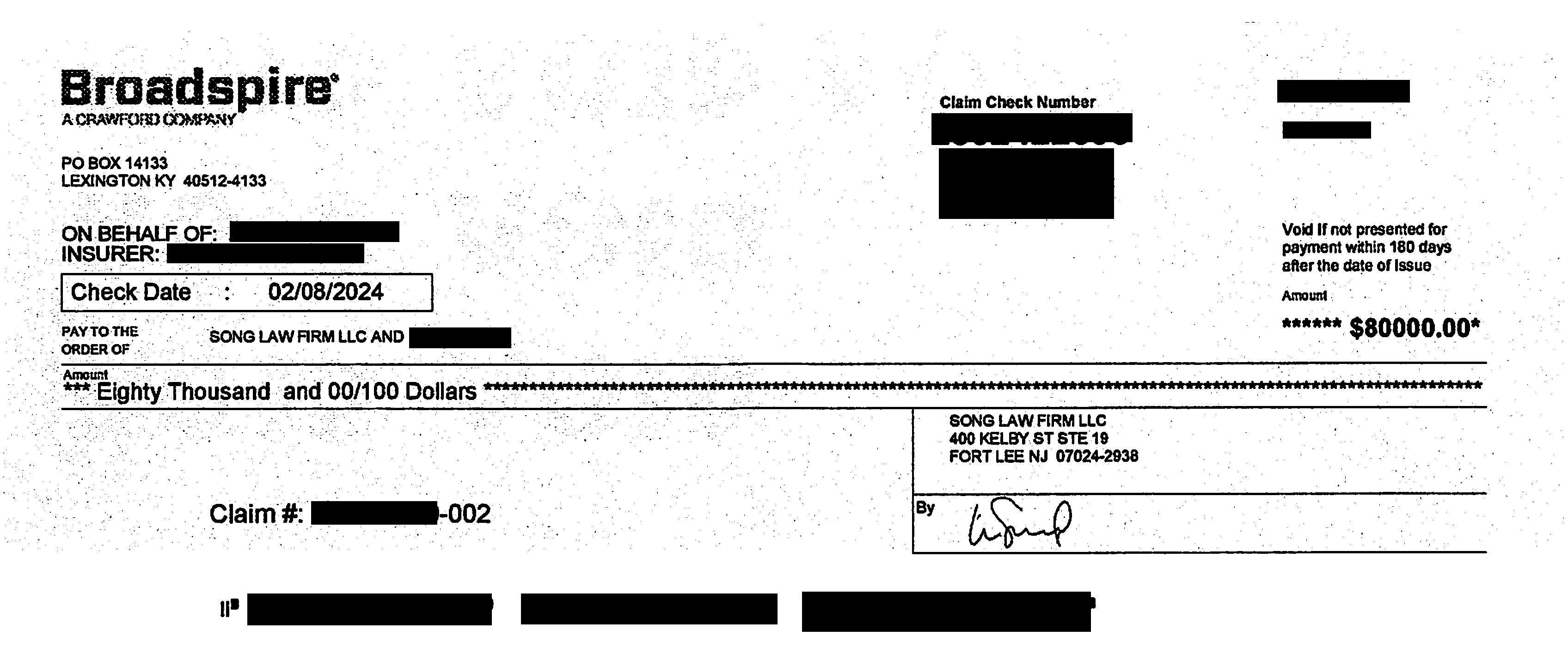 PI Success Story 6 Check — Song Law Firm