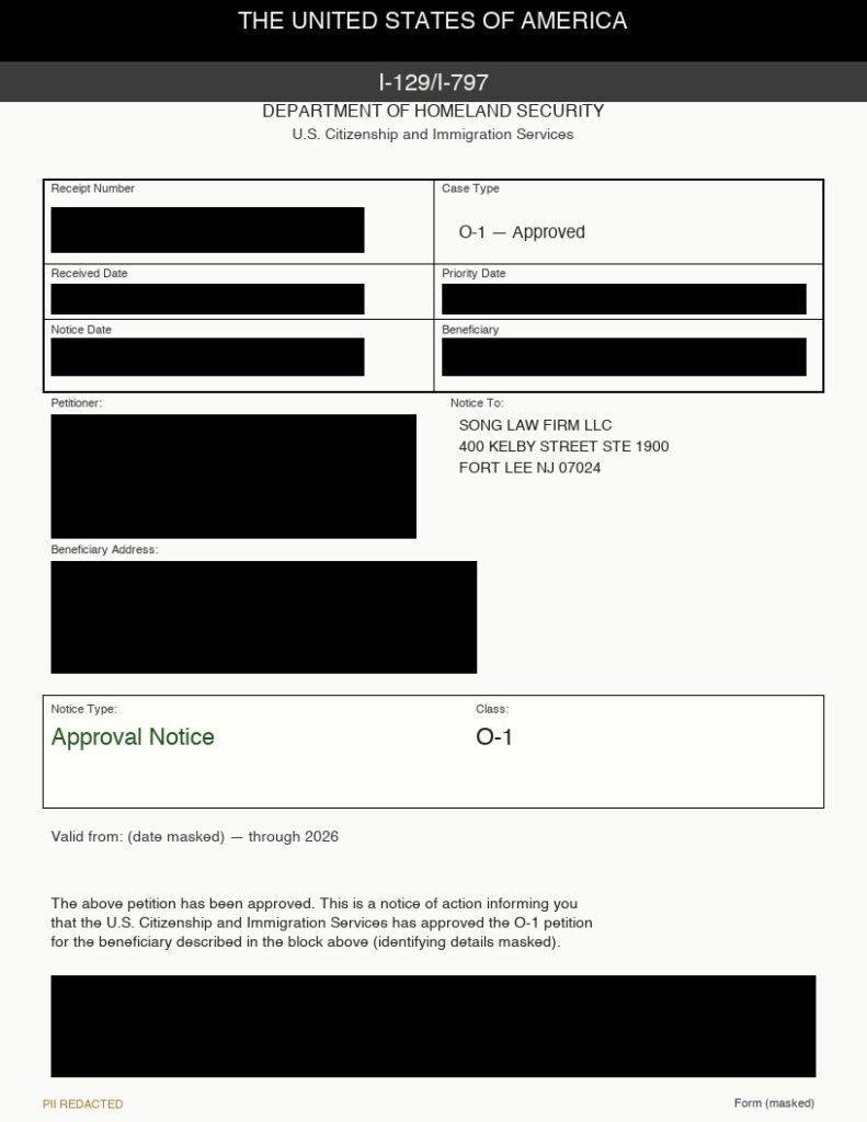 O-1 Approval Notice (PII redacted) — Song Law Firm case study