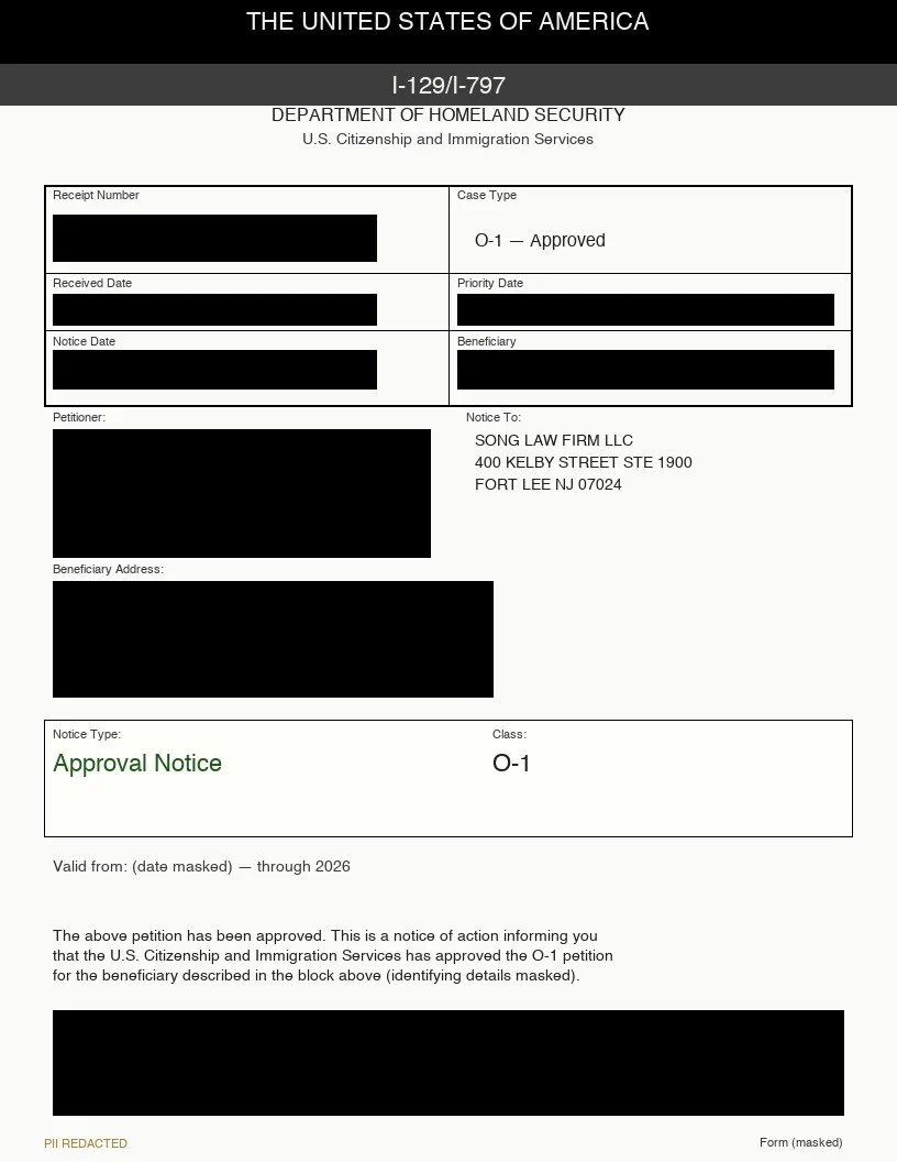 O-1 Approval Notice — PII redacted