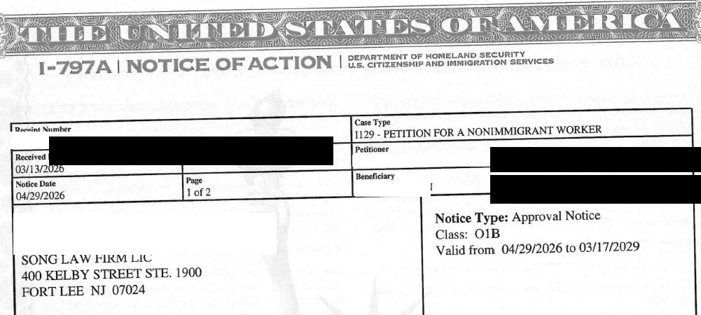 I-797A Approval Notice for O-1B artist visa extension (Film/TV Editor) — beneficiary and receipt number redacted