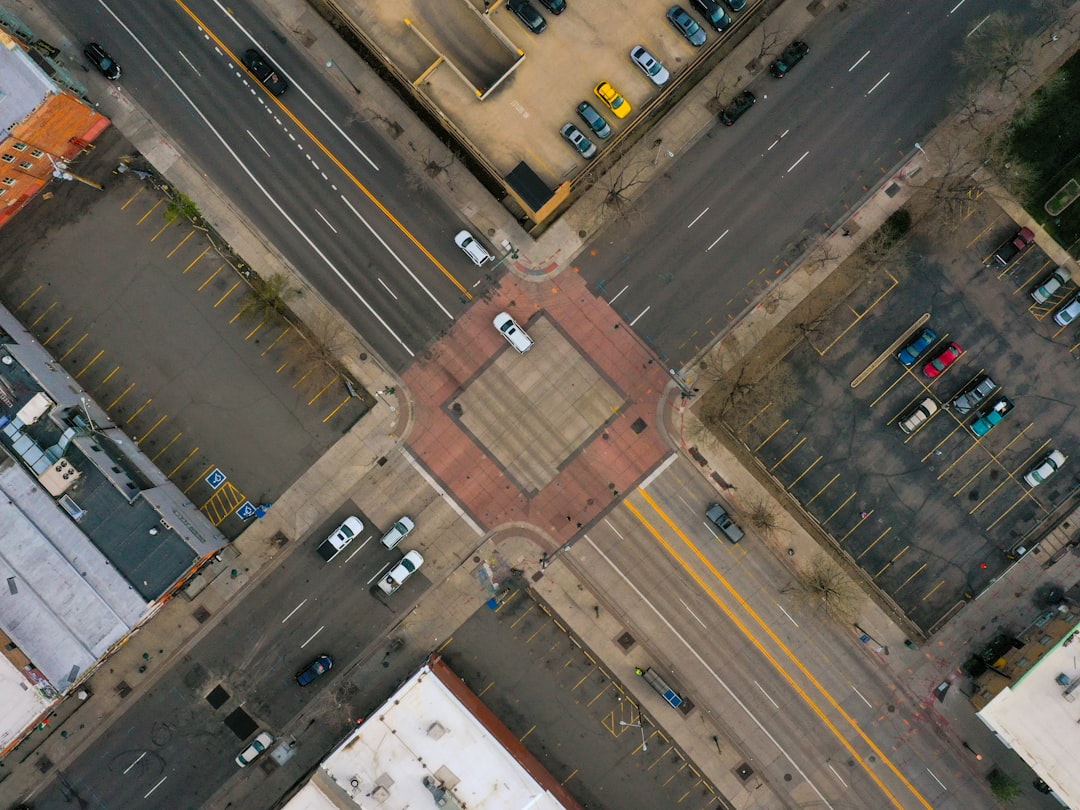 an aerial view of a city street intersection