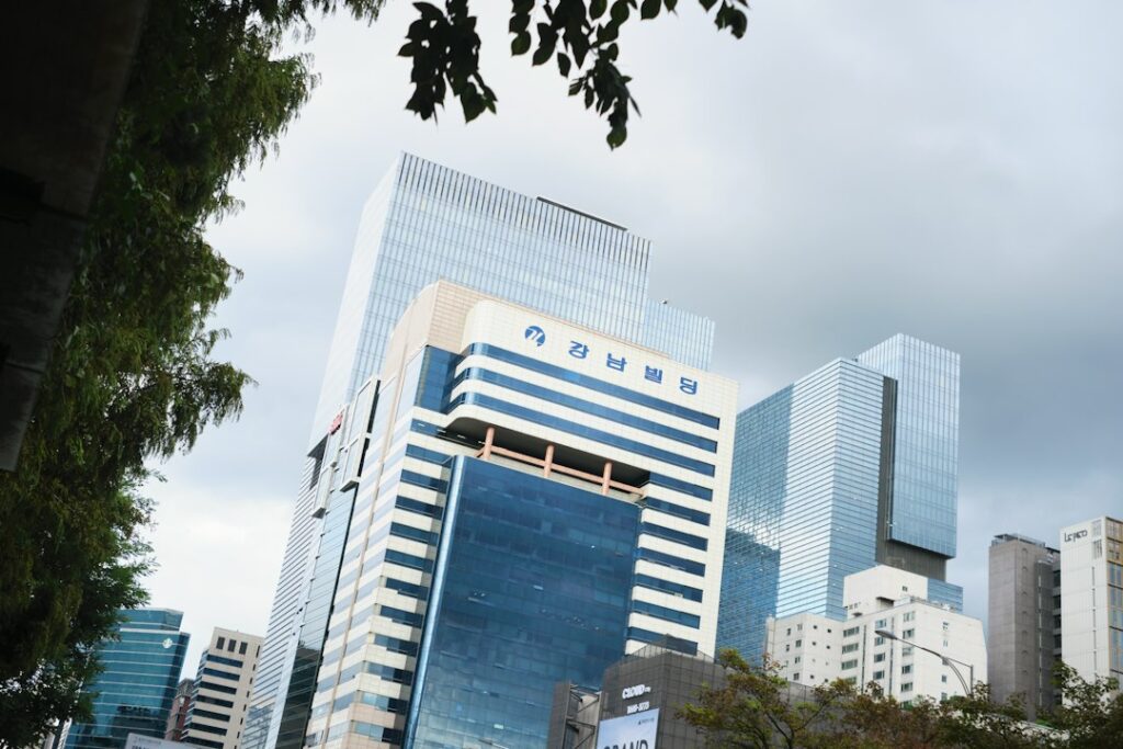 Modern skyscrapers against a cloudy sky